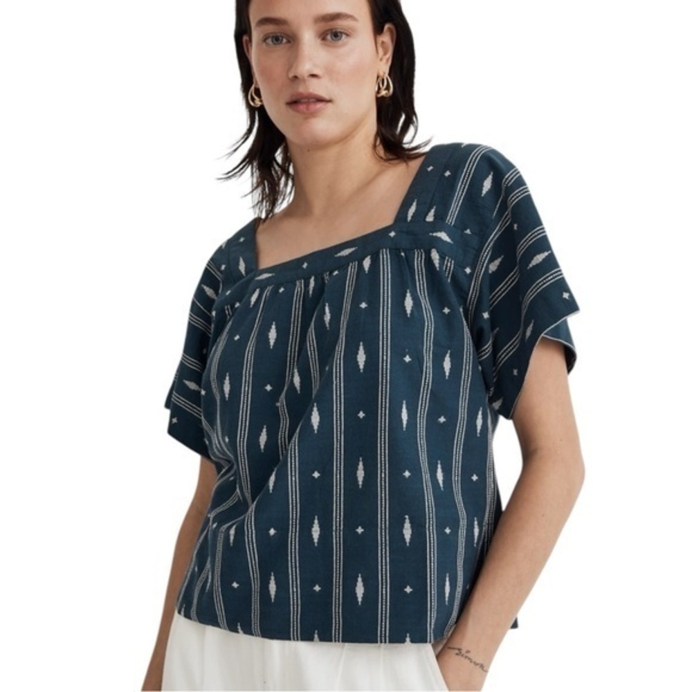 Madewell ✘ Square Neck Short Sleeve Cotton Top in Jacquard, Teal, Sz. S